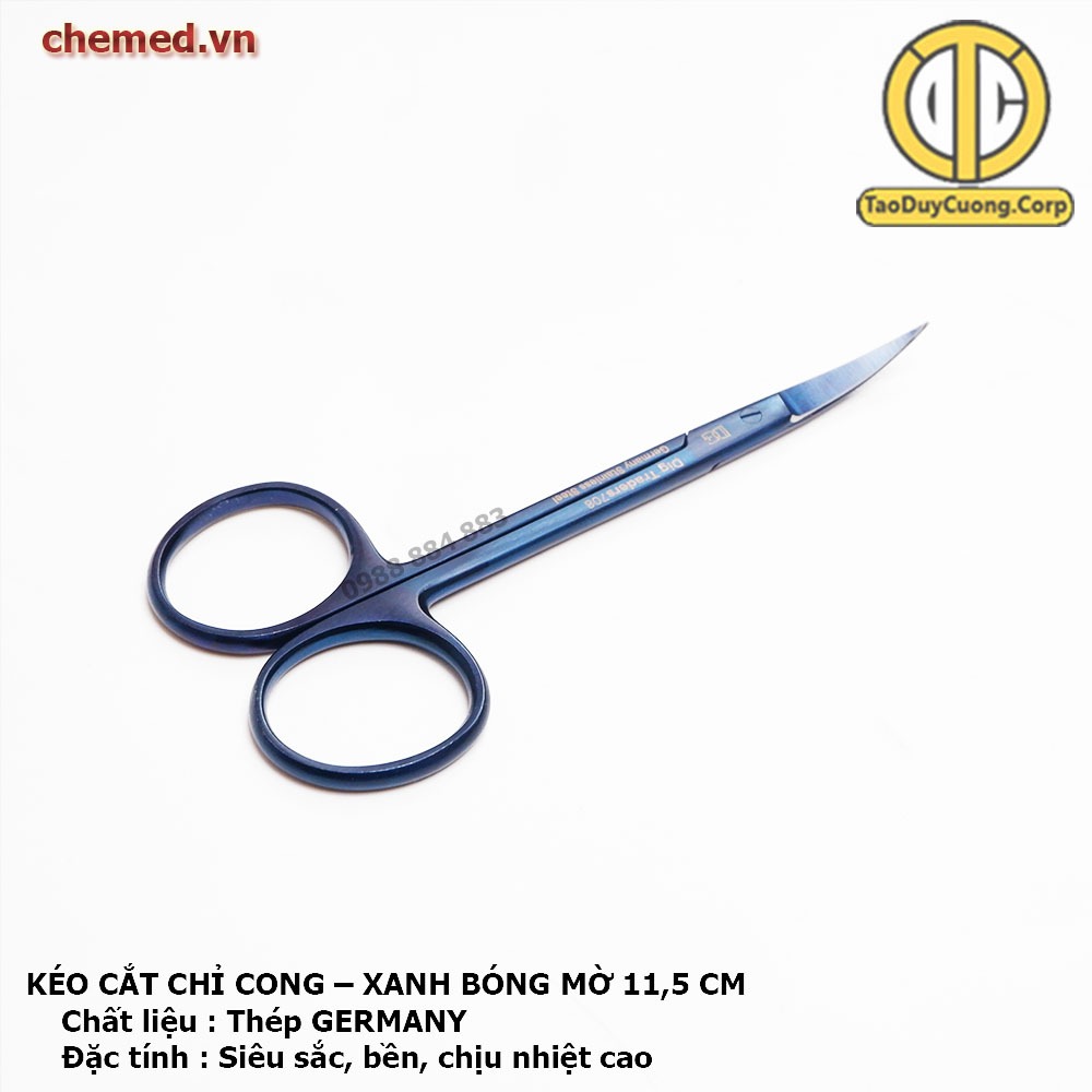 Kéo cắt chỉ cong full xanh bóng mờ dài 11,5 cm dùng trong y tế, phẫu thuật, spa