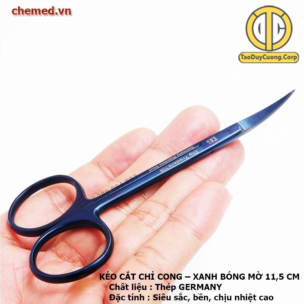 Kéo cắt chỉ cong full xanh bóng mờ dài 11,5 cm dùng trong y tế, phẫu thuật, spa