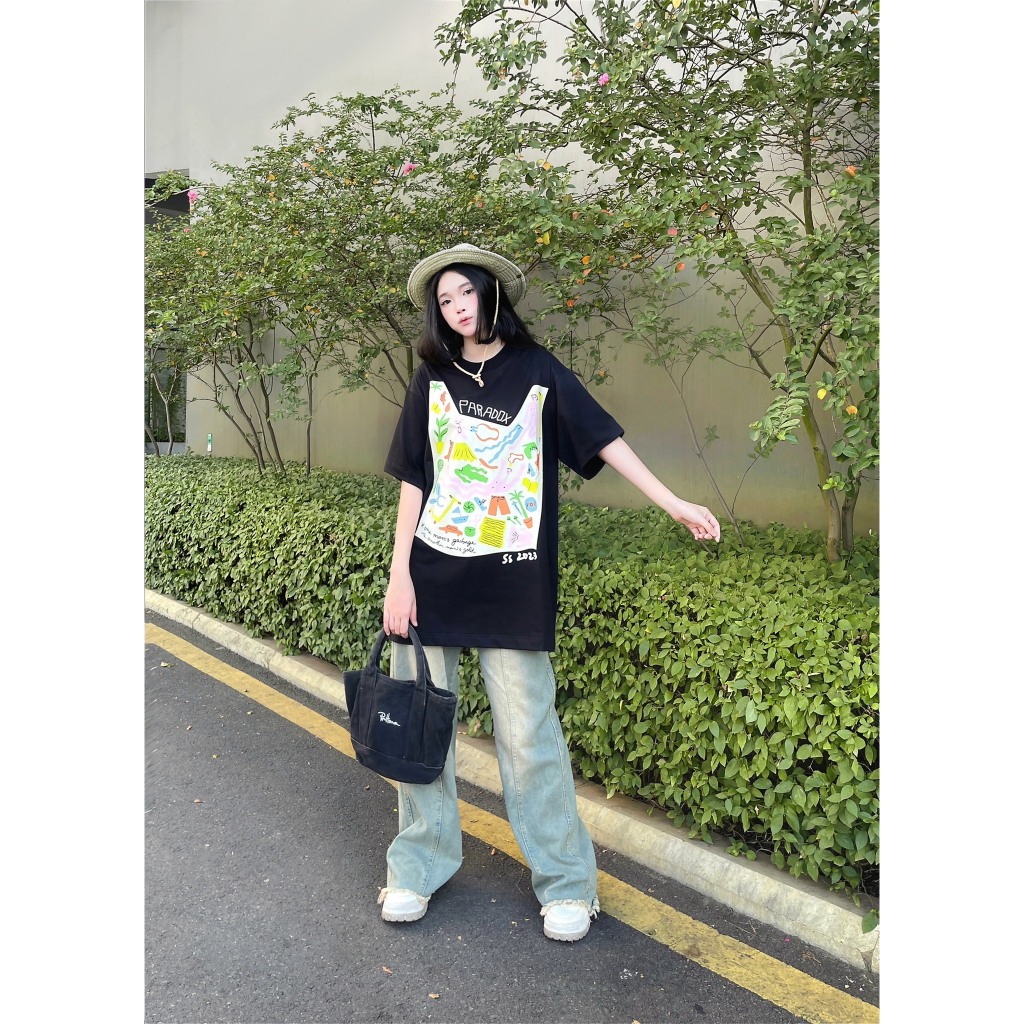 Áo thun form rộng Paradox tay lỡ - Unisex - In hình - SALVAGE TEE - Đen, Trắng