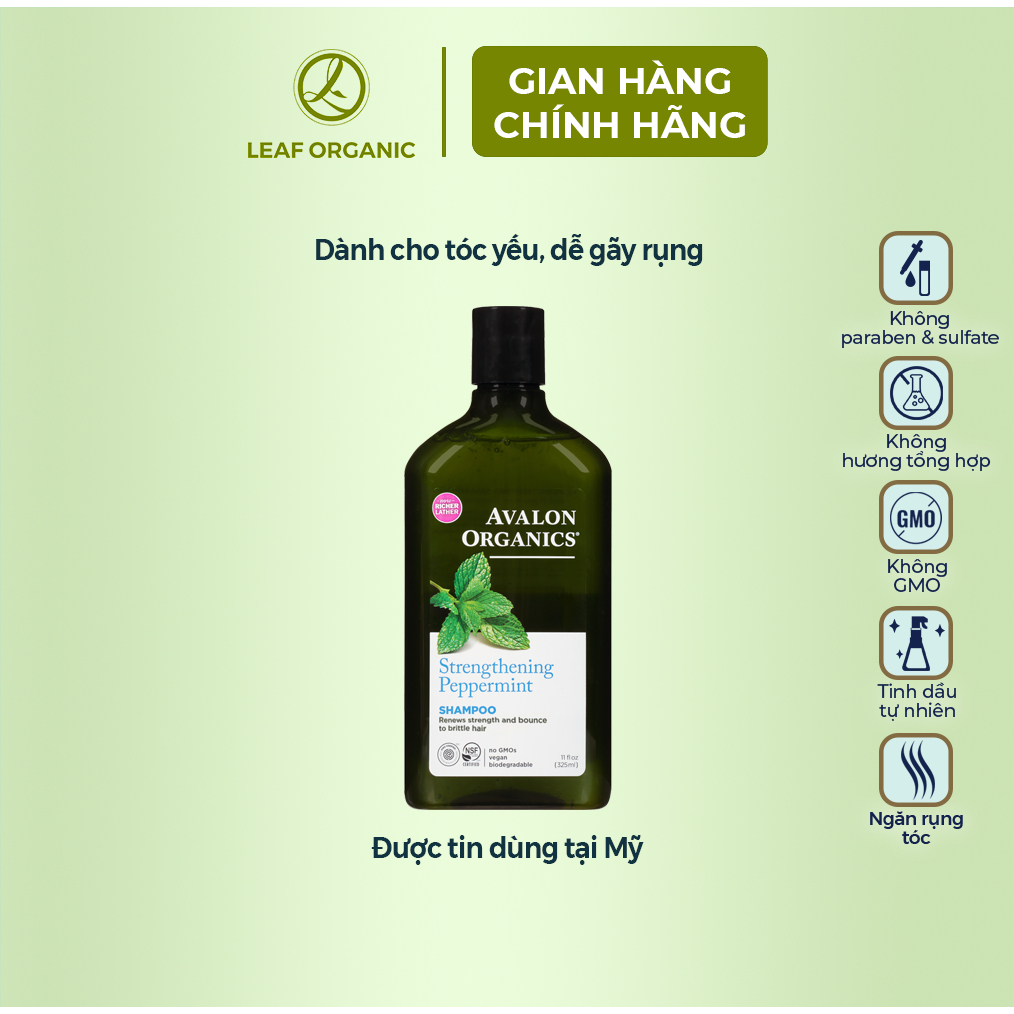 Dầu gội hữu cơ Avalon Organics hương bạc hà dành cho tóc yếu, dễ gãy rụng 325ml