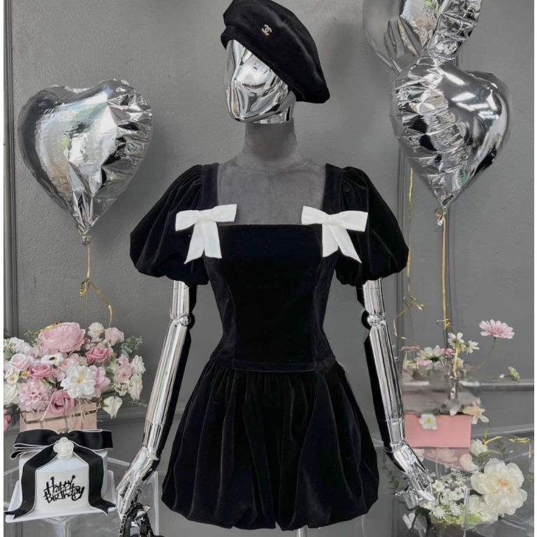 Áo nhung đen gắn nơ bo chun đăng sau