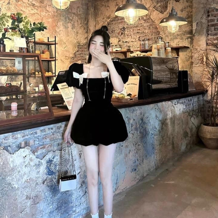 Áo nhung đen gắn nơ bo chun đăng sau