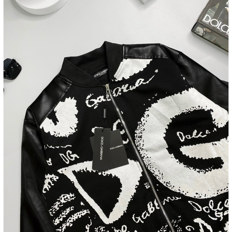 Áo khoác bomber dg hai lớp có hoạ tiết hình phối tay da khoá kéo màu đen thời trang nam nữ phong cách giới trẻ s đến xl