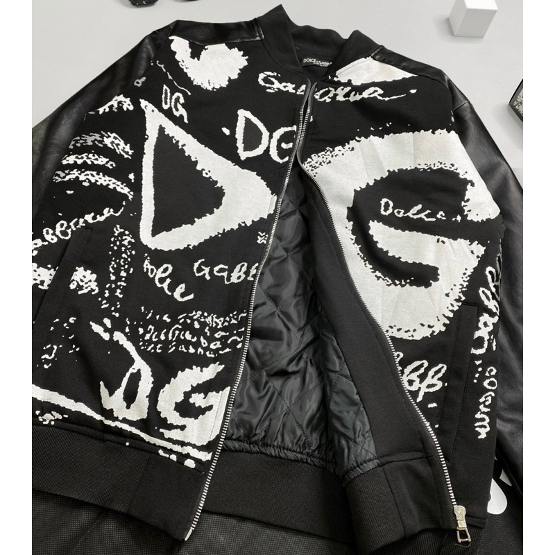 Áo khoác bomber dg hai lớp có hoạ tiết hình phối tay da khoá kéo màu đen thời trang nam nữ phong cách giới trẻ s đến xl