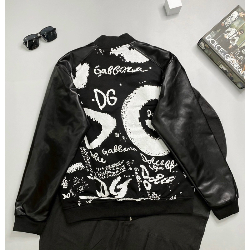 Áo khoác bomber dg hai lớp có hoạ tiết hình phối tay da khoá kéo màu đen thời trang nam nữ phong cách giới trẻ s đến xl