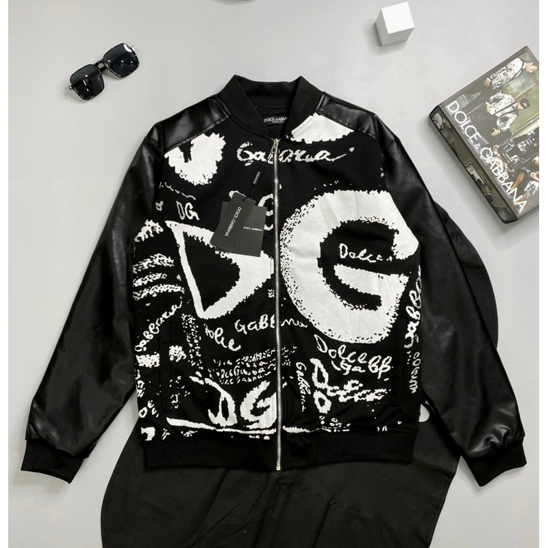 Áo khoác bomber dg hai lớp có hoạ tiết hình phối tay da khoá kéo màu đen thời trang nam nữ phong cách giới trẻ s đến xl