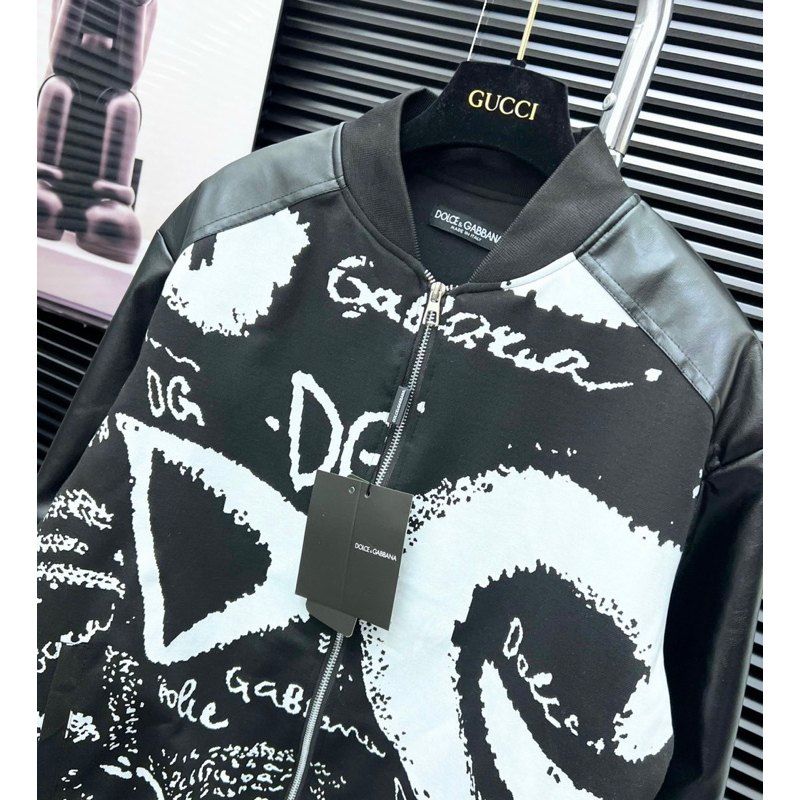 Áo khoác bomber dg hai lớp có hoạ tiết hình phối tay da khoá kéo màu đen thời trang nam nữ phong cách giới trẻ s đến xl