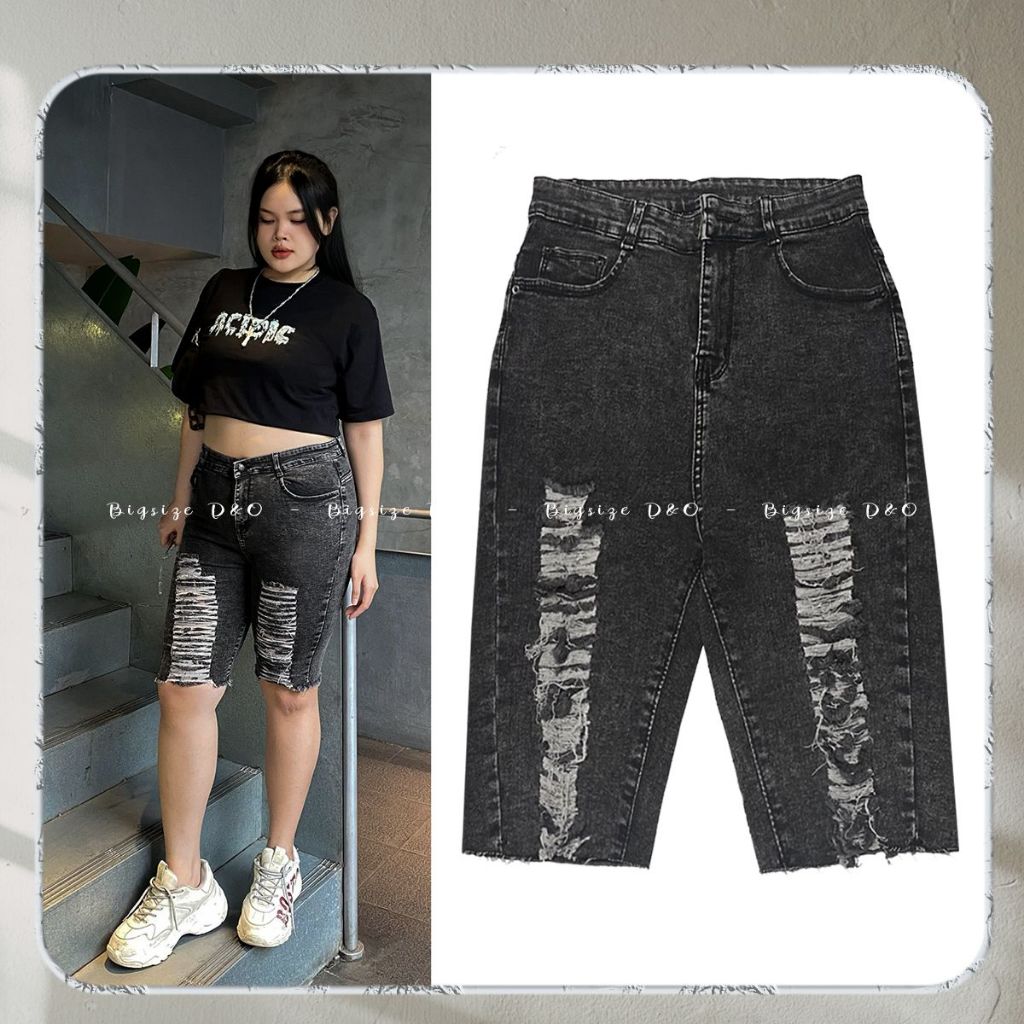 Quần Lửng Jeans Xám Xước Rách Te Tua 7008, Lưng Siêu Cao, Co Giãn Mạnh, Bigsize 58-90kg