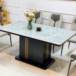 Bộ bàn ăn chân hình trụ thiết kế độc quyền, mặt đá ceramic chống xước, ghế bọc da - bảo hành 2 năm