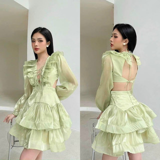 Đầm xanh viền bèo cut-out eo lai tầng