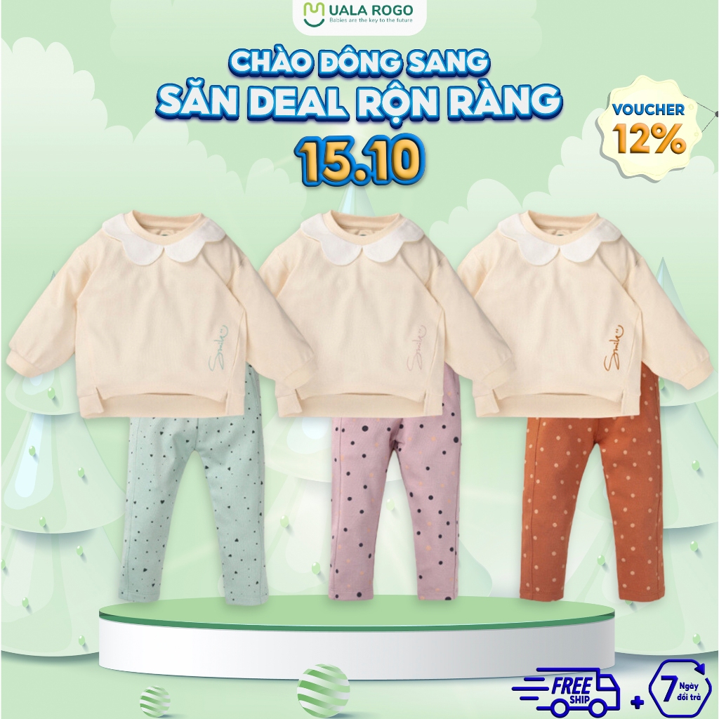 Bộ thu đông bé gái Ualarogo 1-5 tuổi vải Cotton nỉ cổ hoa thoáng nhẹ giữ ấm 3668