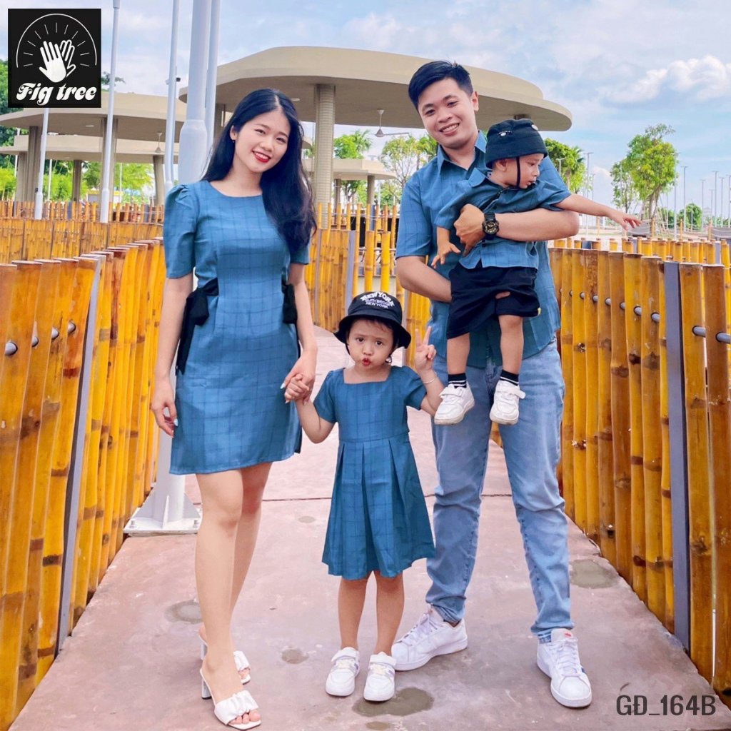 Đồng Phục Sơ Mi Váy Gia Đình Fig Tree Caro Xanh Biển Mã 164A Siêu Yêu