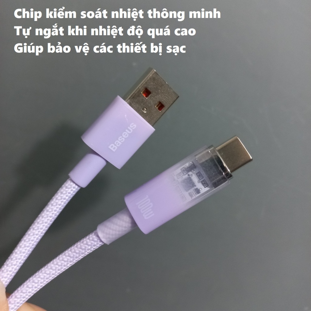 Dây sạc Usb to type C tự ngắt khi quá nhiệt sạc nhanh 100W 66W cho Honor Huawei Baseus Explorer CB000042
