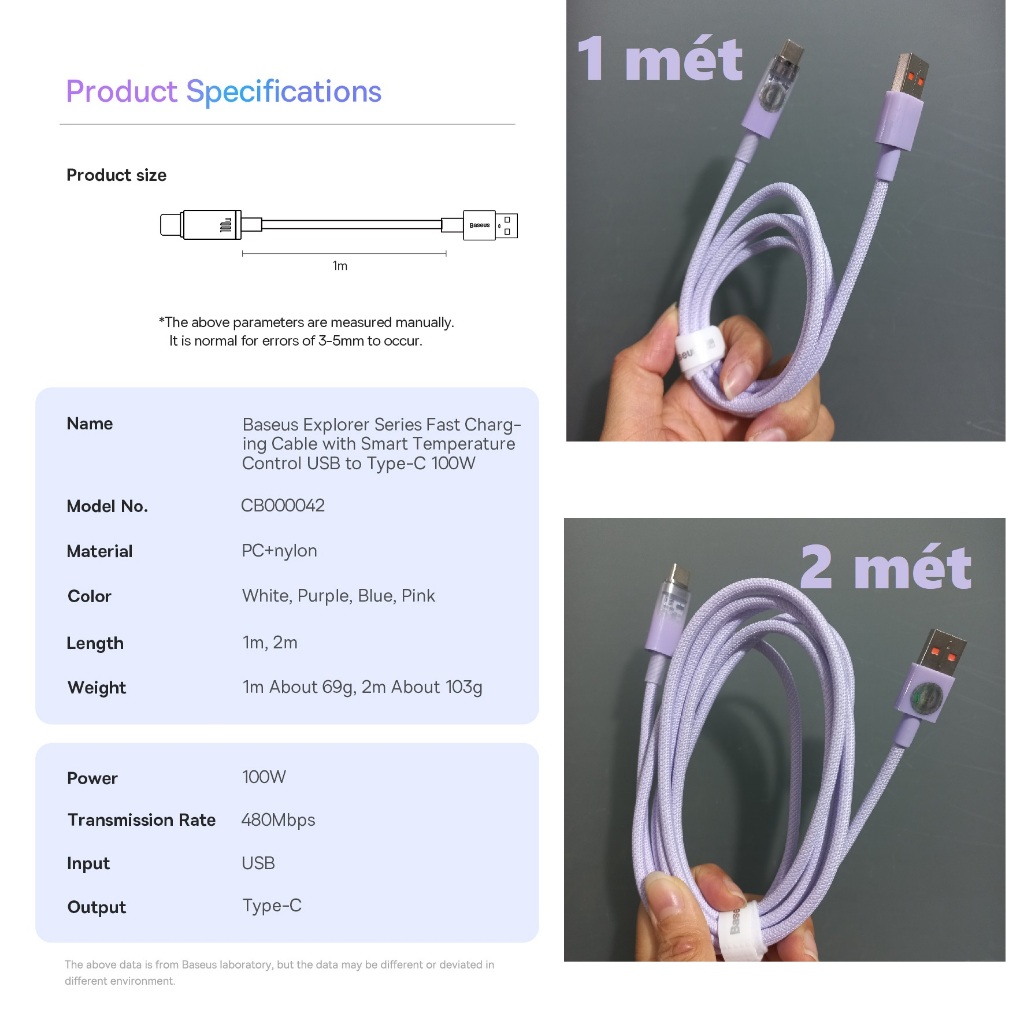 Dây sạc Usb to type C tự ngắt khi quá nhiệt sạc nhanh 100W 66W cho Honor Huawei Baseus Explorer CB000042