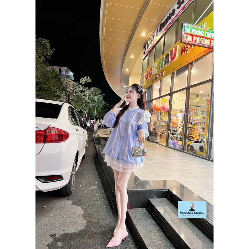 Set xanh dương phối ren trắng xinh xắn