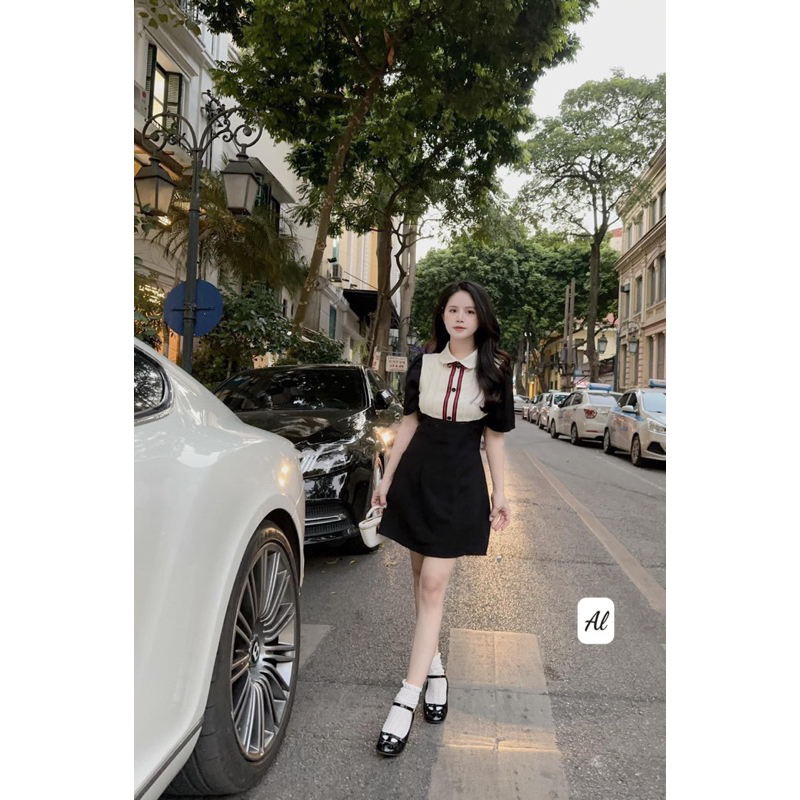 Váy umi phối cổ sơ mi tay lửng