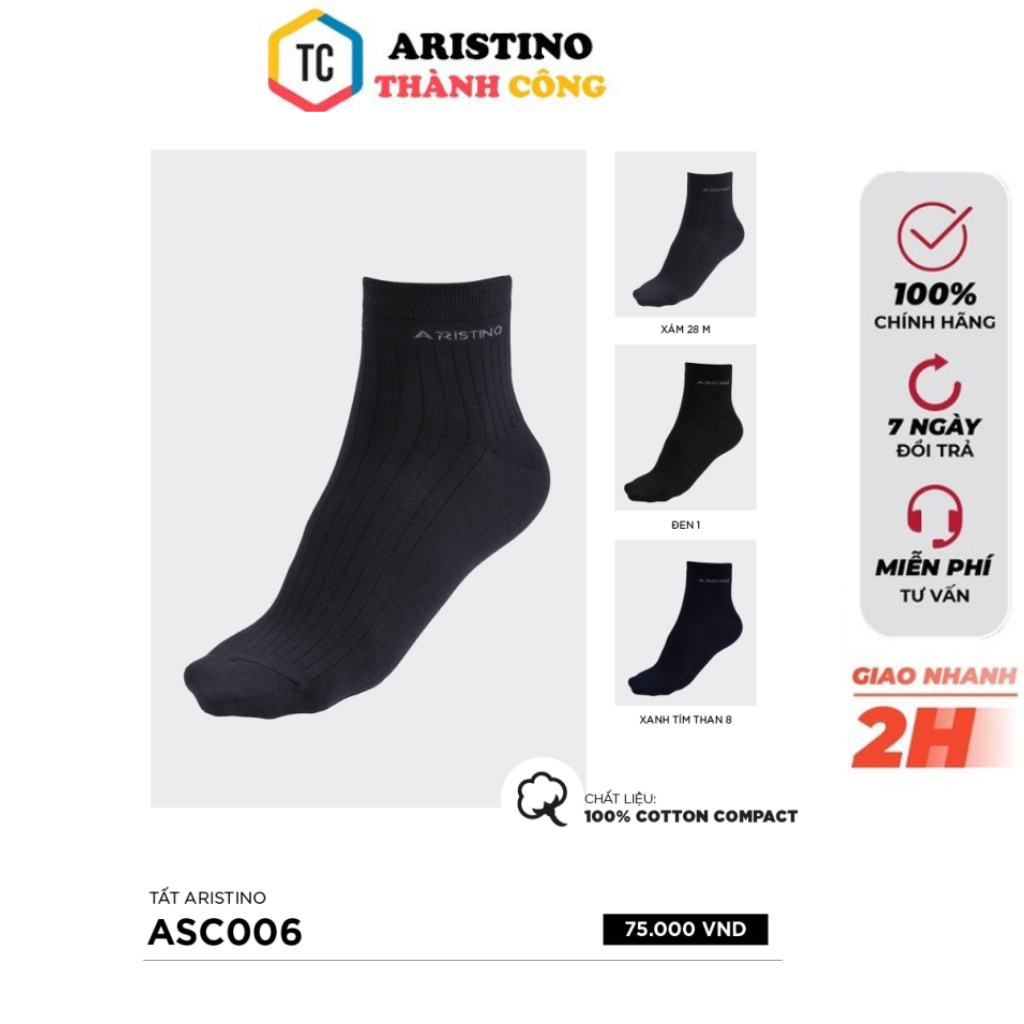 Tất nam cổ trung Aristino cotton thấm hút ôm chân ASC006-ASC019