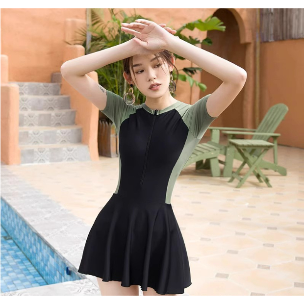 Bikini đồ bơi một mảnh đi biển tay ngắn dây kéo phối váy có quần trong kín đáo VAKOMA TT104