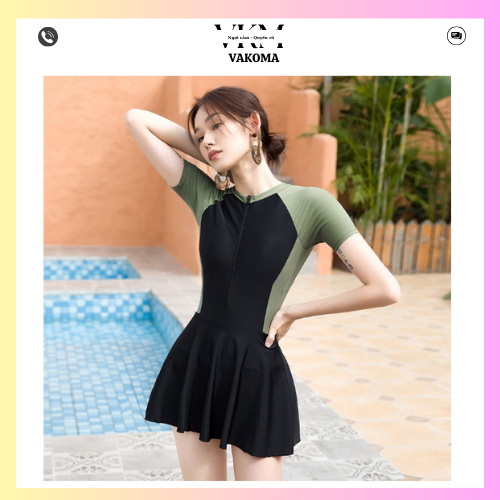 Bikini đồ bơi một mảnh đi biển tay ngắn dây kéo phối váy có quần trong kín đáo VAKOMA TT104