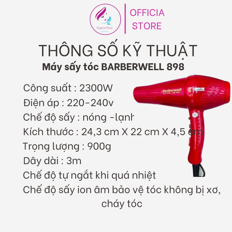 Máy sấy tóc công suất lớn Barberwell 898- 2300W sấy ion âm bảo vệ tóc