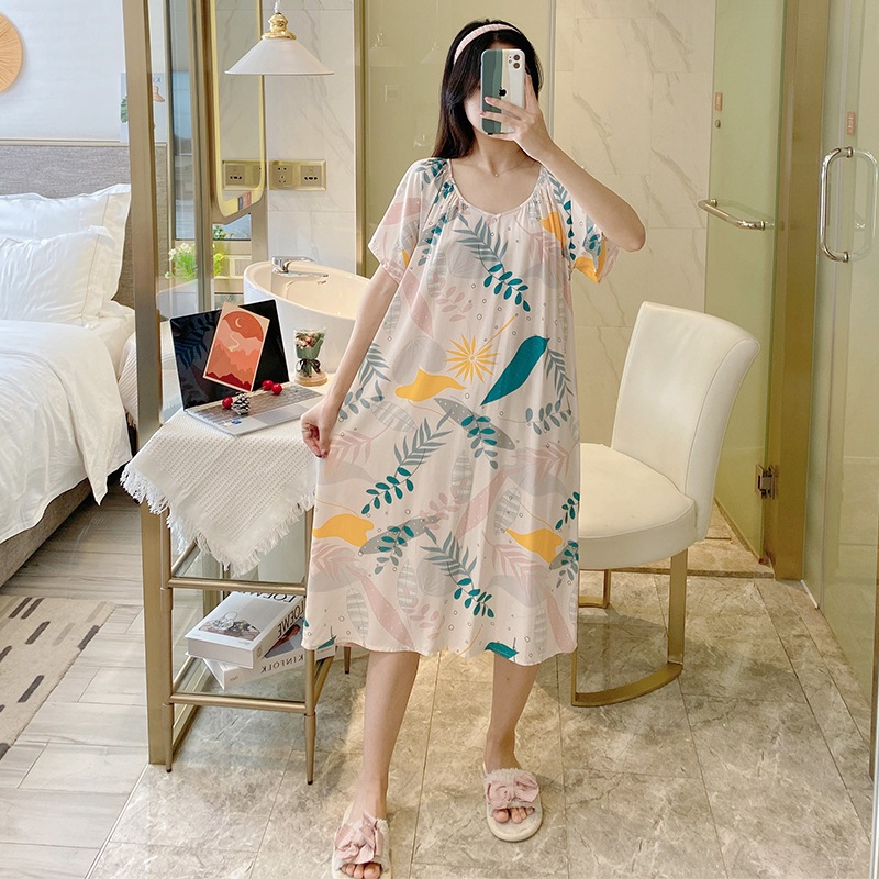 Váy đầm ngủ ngắn tay mặc hàng ngày vải Cotton lụa thoáng mát, váy lanh mặc bầu, áo ngủ nữ dáng suông bigsize mã VAV0424