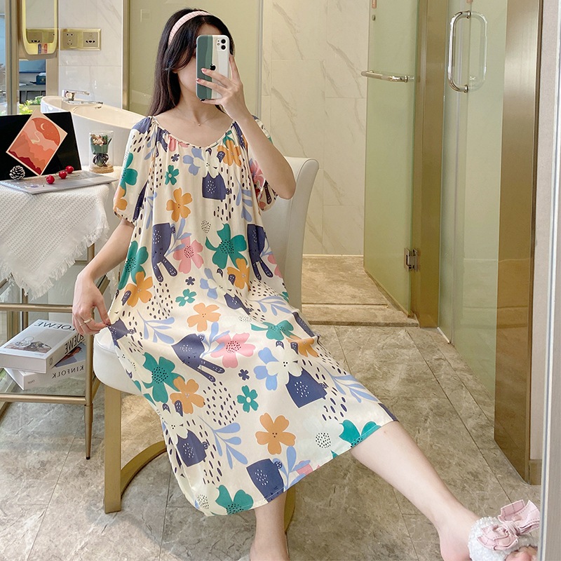 Váy đầm ngủ ngắn tay mặc hàng ngày vải Cotton lụa thoáng mát, váy lanh mặc bầu, áo ngủ nữ dáng suông bigsize mã VAV0424