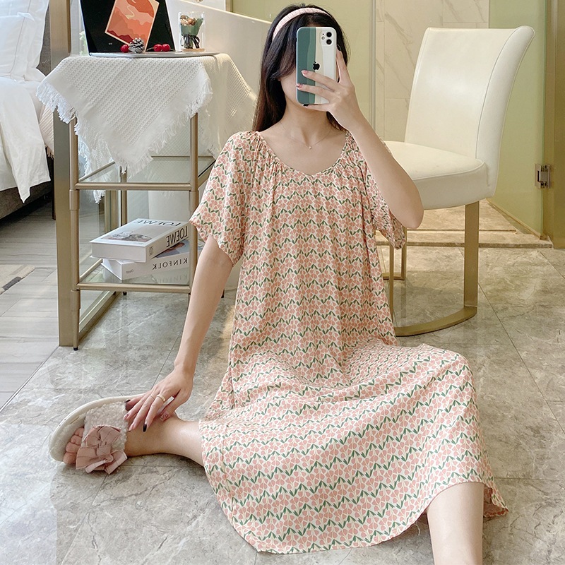 Váy đầm ngủ ngắn tay mặc hàng ngày vải Cotton lụa thoáng mát, váy lanh mặc bầu, áo ngủ nữ dáng suông bigsize mã VAV0424