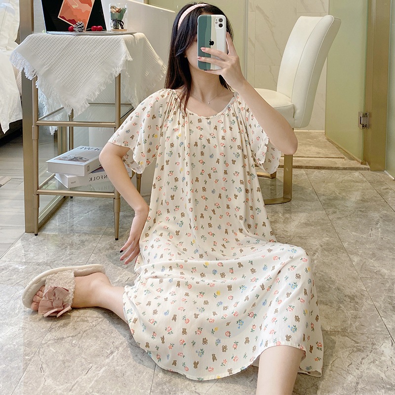 Váy đầm ngủ ngắn tay mặc hàng ngày vải Cotton lụa thoáng mát, váy lanh mặc bầu, áo ngủ nữ dáng suông bigsize mã VAV0424