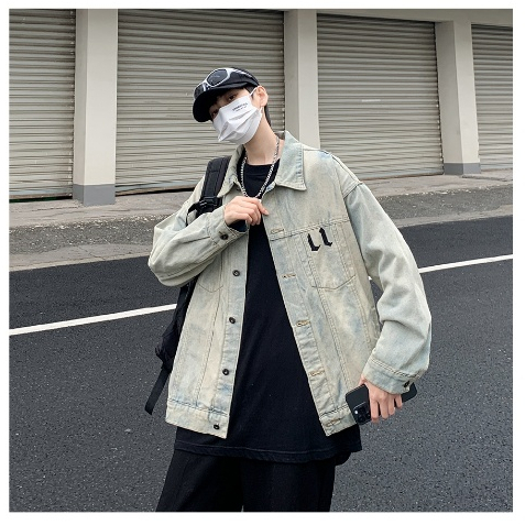 Áo khoác denim nam from rộng thêu hoạ tiết chữ thập, áo bò jean unisex phong cách retro đường phố 1266