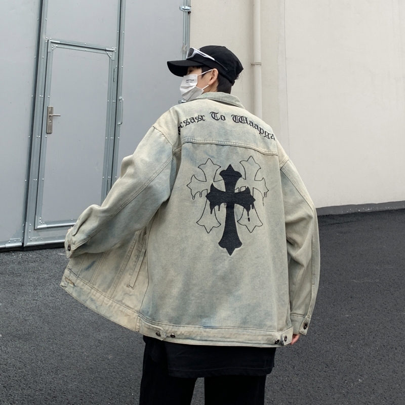 Áo khoác denim nam from rộng thêu hoạ tiết chữ thập, áo bò jean unisex phong cách retro đường phố 1266