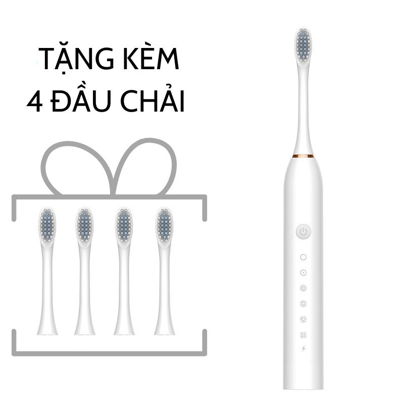 Bàn Chải Điện Đa Năng Gwell, bàn chải điện đánh răng Sonic X-3 sóng âm lông mềm tặng kèm 4 đầu thay thế