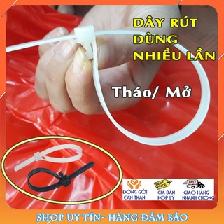 Gói 50 sợi dây rút nhựa tháo mở đen trắng, tái sử dụng nhiều lần, ngang 7.6mm, dài 12.5, 20, 25, 30, 37cm, đa công dụng