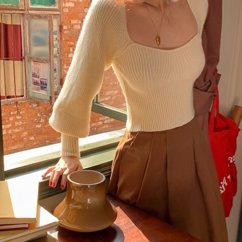 Áo len nữ dệt kim khoét ngực dài tay màu trơn đơn giản thời trang mùa thu - Thời trang Liyhouse