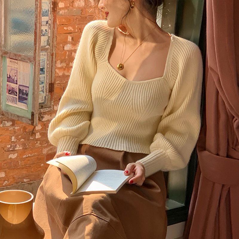 Áo len nữ dệt kim khoét ngực dài tay màu trơn đơn giản thời trang mùa thu - Thời trang Liyhouse