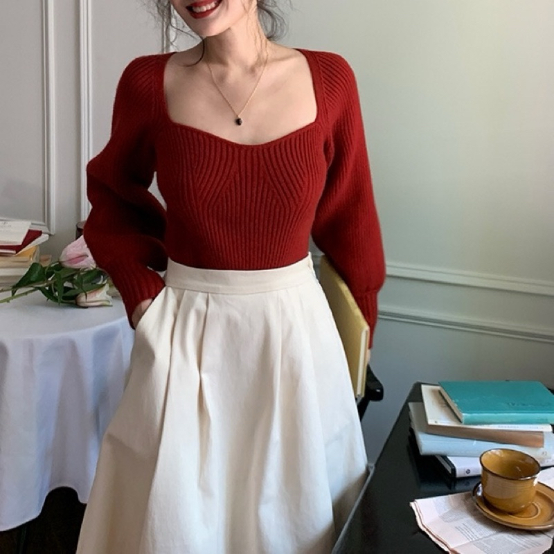 Áo len nữ dệt kim khoét ngực dài tay màu trơn đơn giản thời trang mùa thu - Thời trang Liyhouse