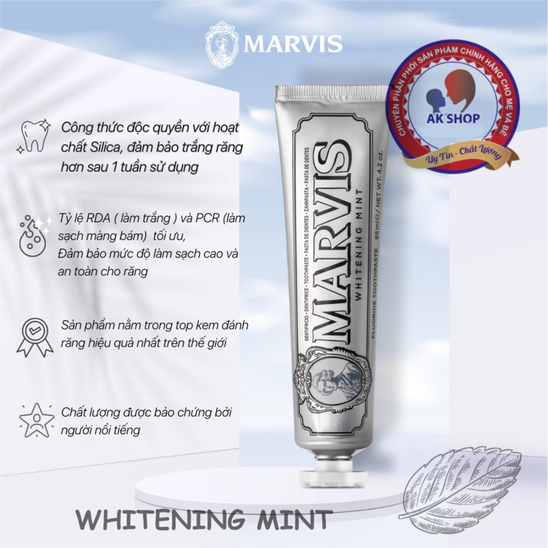 (Chính hãng tem phụ) Kem đánh răng Marvis răng chuyên sâu/ Marvis whitening mint 85ml