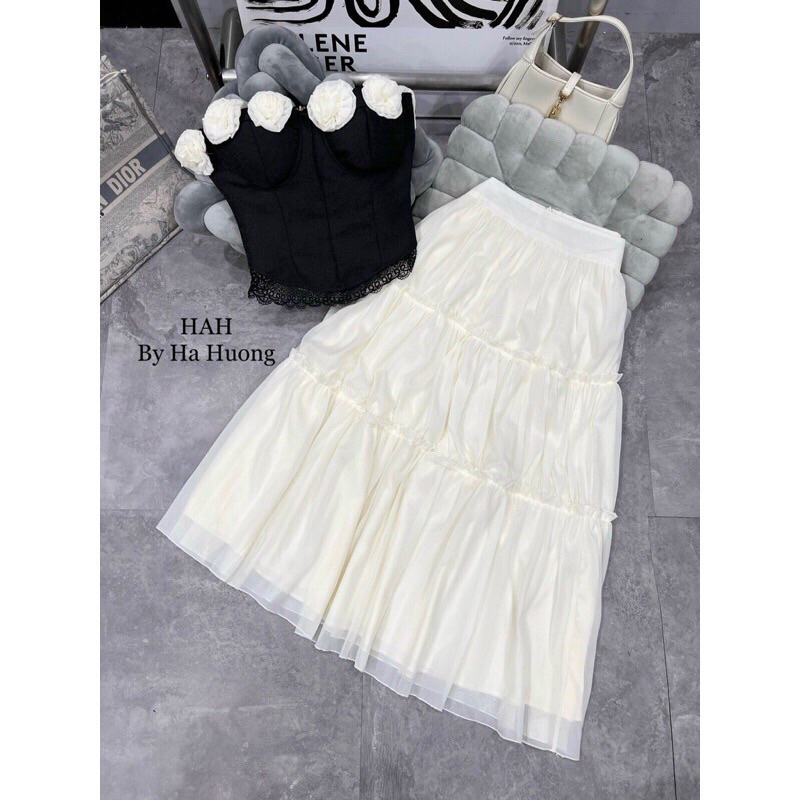 SET ÁO ỐNG ĐEN ĐÍNH HOA + CHÂN VÁY MIDI KEM