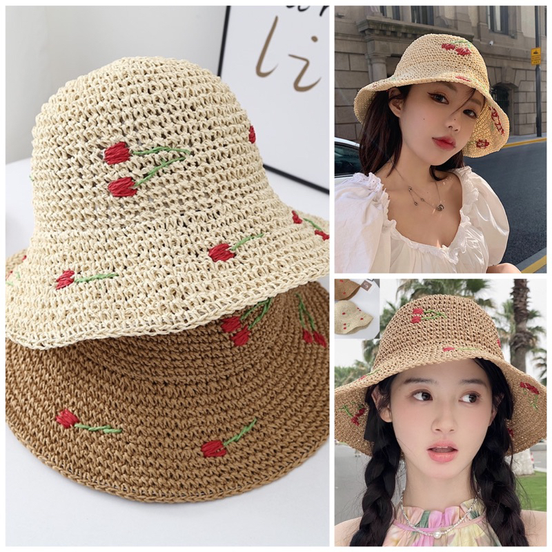 Nón cói móc tay vintage vành nhỡ hình cành quả siêu xinh (SH92)