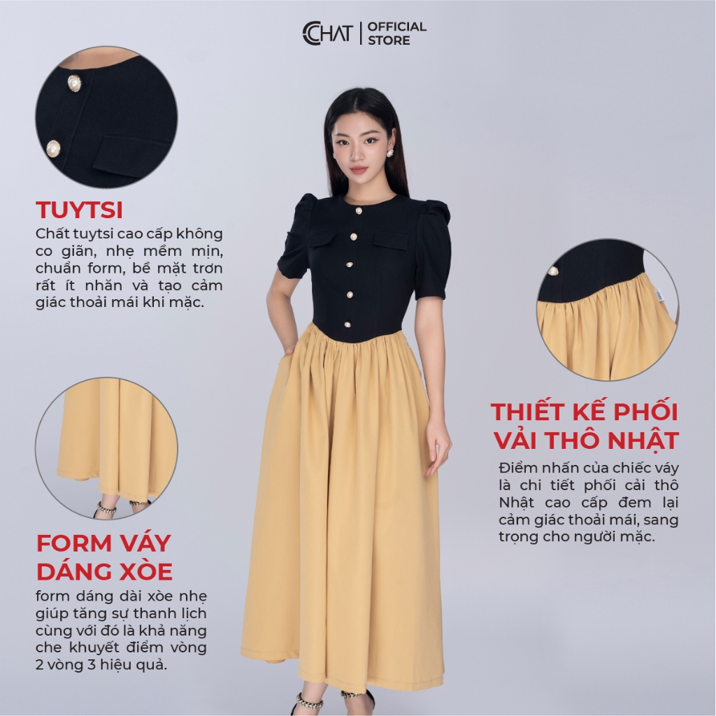 Đầm Nữ 𝐂𝐂𝐇𝐀𝐓 Kiểu Tay Phồng Phối Dáng Xòe Chất Tuytsi Cao Cấp Mềm Mịn 23VNS8002XT