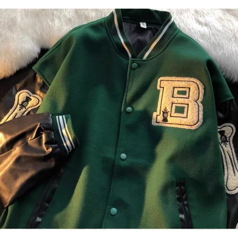 Áo khoác bomber jacket varsity màu đen nam nữ, chất dạ phối tay da cao cấp 2 lớp dày dặn- GUTAO