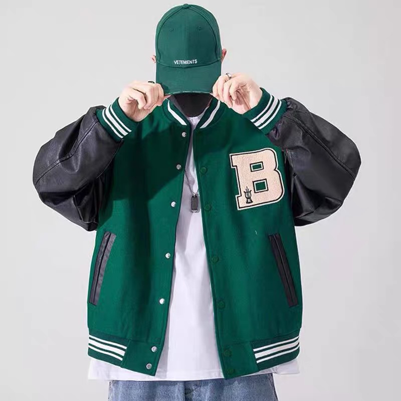 Áo khoác bomber jacket varsity màu đen nam nữ, chất dạ phối tay da cao cấp 2 lớp dày dặn- GUTAO