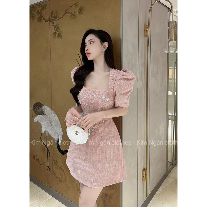 Váy dạ tay bồng nhẹ đính hoa cườm ,2 màu hồng , kem