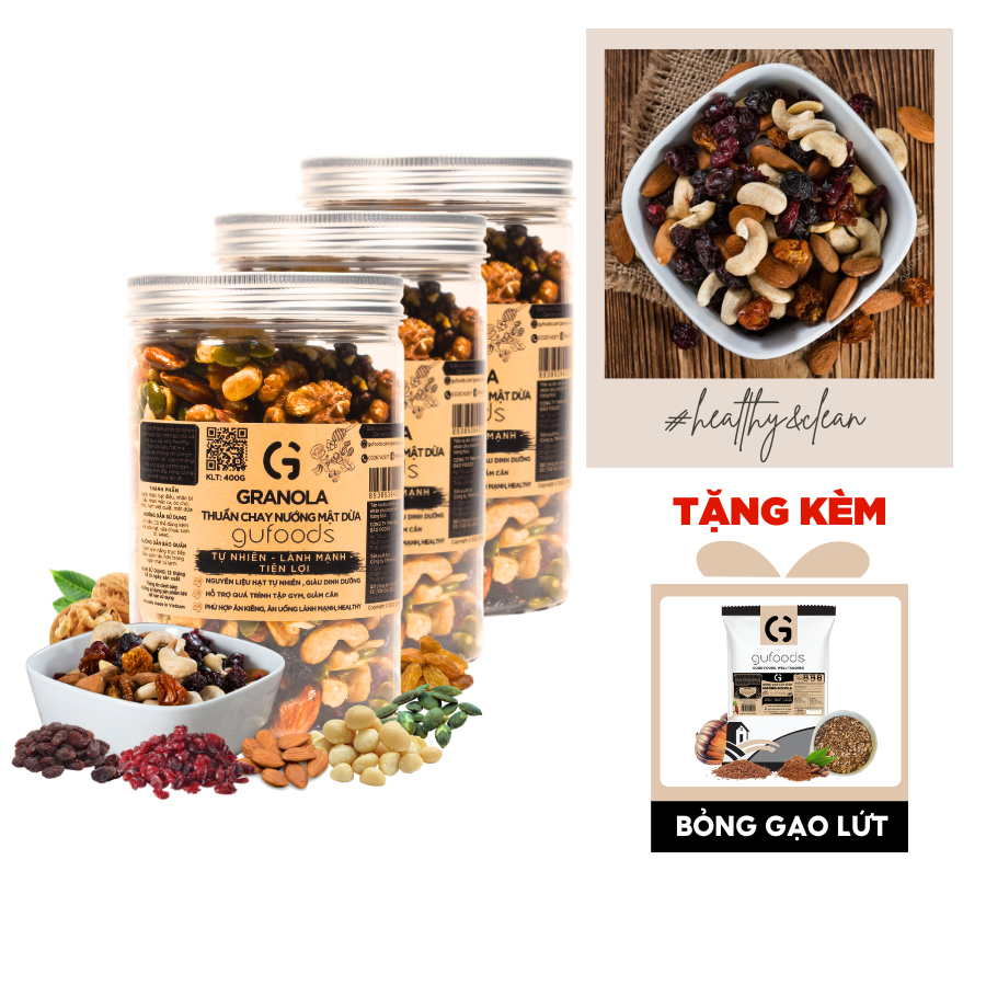 Combo 3 Granola thuần chay nướng mật dừa nước GUfoods (0% yến mạch;mix mắc ca,nho nâu,nam việt quất,hạnh nhân)(15g/400g)