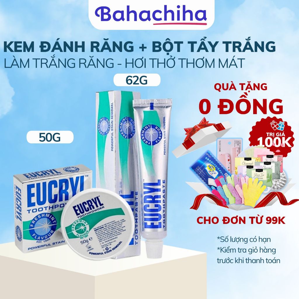 Combo bột tẩy trắng răng, kem đánh răng Eucryl Tooth Powder 50g làm trắng răng hiệu quả - Bahachiha
