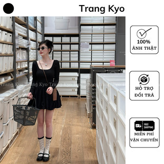 Đầm Váy Thu Đông Dài Tay Cổ Vuông Trang Kyo Váy Thun Dài Tay Đầm Váy Xoè Hở Lưng Dáng Ngắn Hàng Thiết Kế VBB3120