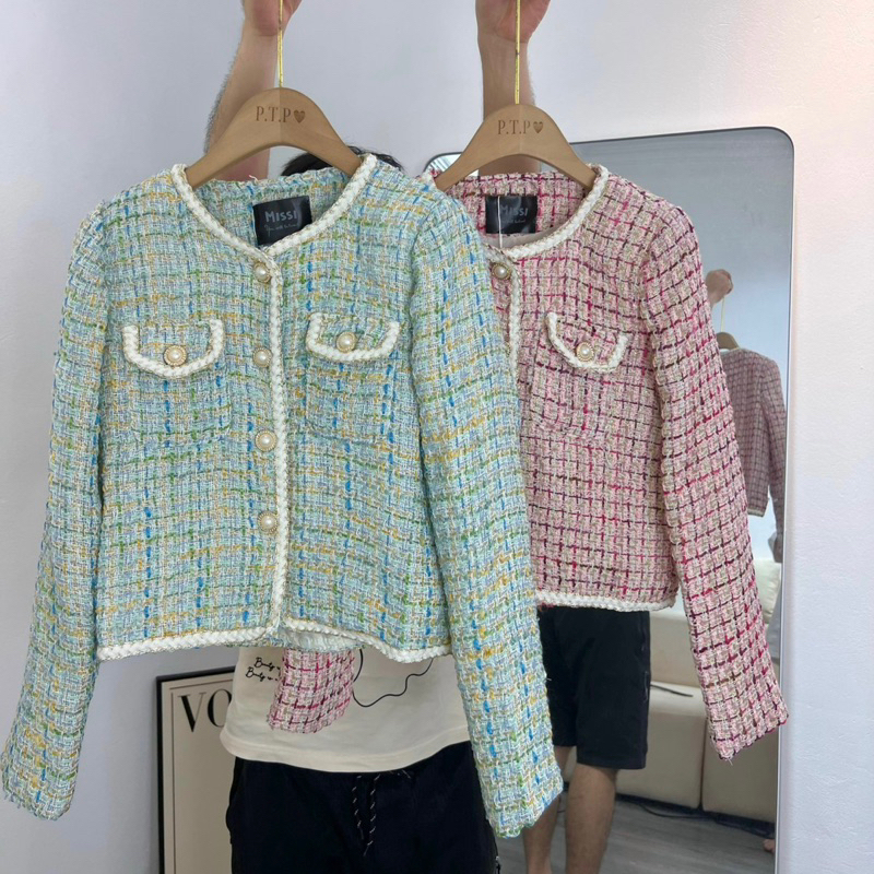 Áo khoác dạ tweet ánh nhũ 2 màu có đệm vai siêu xinh Honeybee HN-16