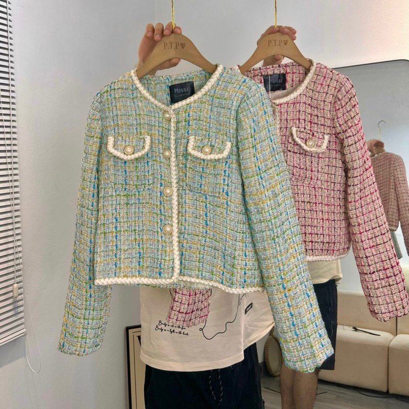 Áo khoác dạ tweet ánh nhũ 2 màu có đệm vai siêu xinh Honeybee HN-16