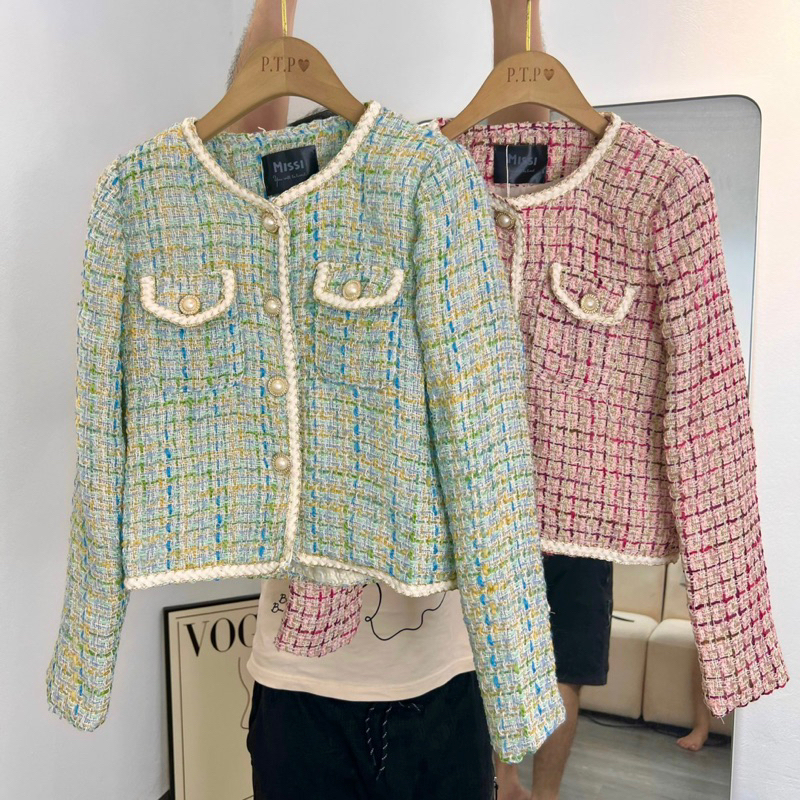 Áo khoác dạ tweet ánh nhũ 2 màu có đệm vai siêu xinh Honeybee HN-16