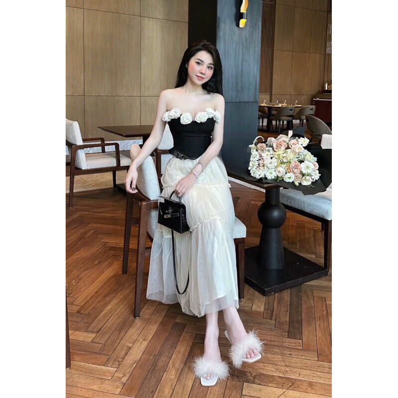 SET ÁO ỐNG ĐEN ĐÍNH HOA + CHÂN VÁY MIDI KEM