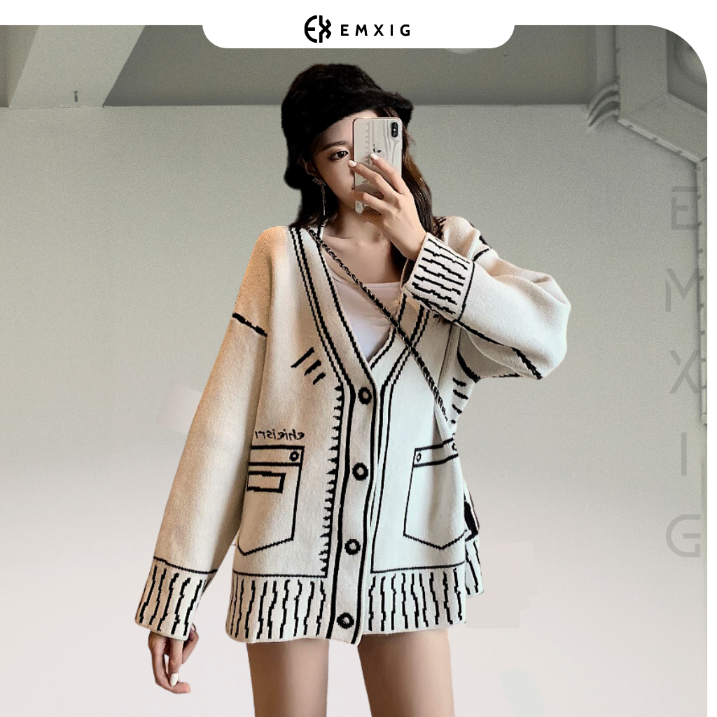 Áo khoác Cardigan len Emxig thêu họa tiết trắng đen nổi bật E02